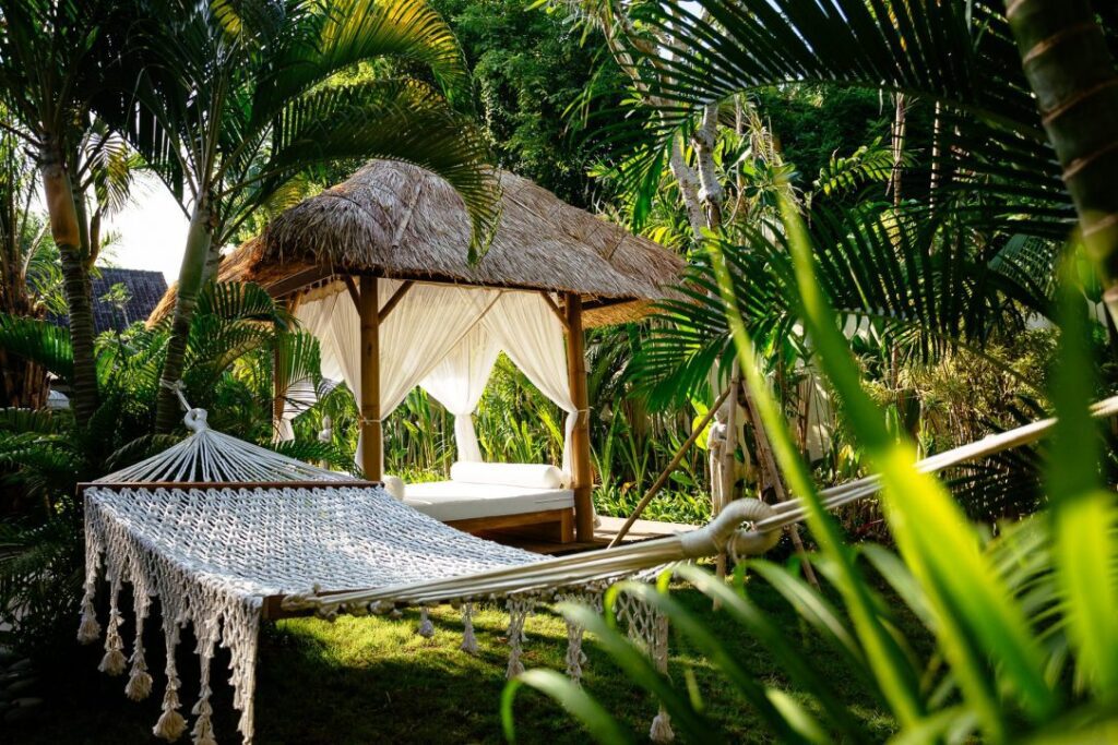 At our beautifully appointed Seminyak sanctuary retreat we have an on-site yoga shala, two gorgeous outdoor living and dining spaces, daybeds around the sparkling pool, a beautiful shaded meditation pod to retreat into as well as an amazing tropical garden, with a massage bale overlooking the pool. So many poolside lounges and places to escape in this luxe environment for massages, meditation, sun-baking, reading and ultimate peace and relaxation.