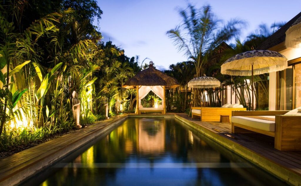 At our beautifully appointed Seminyak sanctuary retreat we have an on-site yoga shala, two gorgeous outdoor living and dining spaces, daybeds around the sparkling pool, a beautiful shaded meditation pod to retreat into as well as an amazing tropical garden, with a massage bale overlooking the pool. So many poolside lounges and places to escape in this luxe environment for massages, meditation, sun-baking, reading and ultimate peace and relaxation.