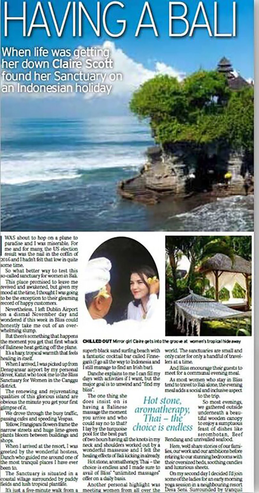 Irish Daily Mirror: Having a Bali in Paradise - When life was getting her down Claire Scott found her sanctuary on an Indonesian holiday.