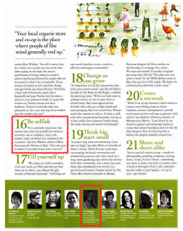 Nature & Health Magazine: Find Your Tribe - Featuring Bliss Sanctuary For Women - "Be Selfish - It's extremely important that we take time out to fulfil our needs..."