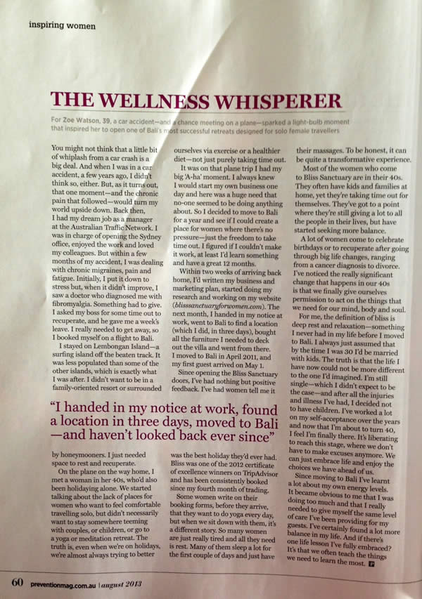 Prevention Magazine: The Wellness Whisperer – Zoë Watson on moving to Bali and starting a business