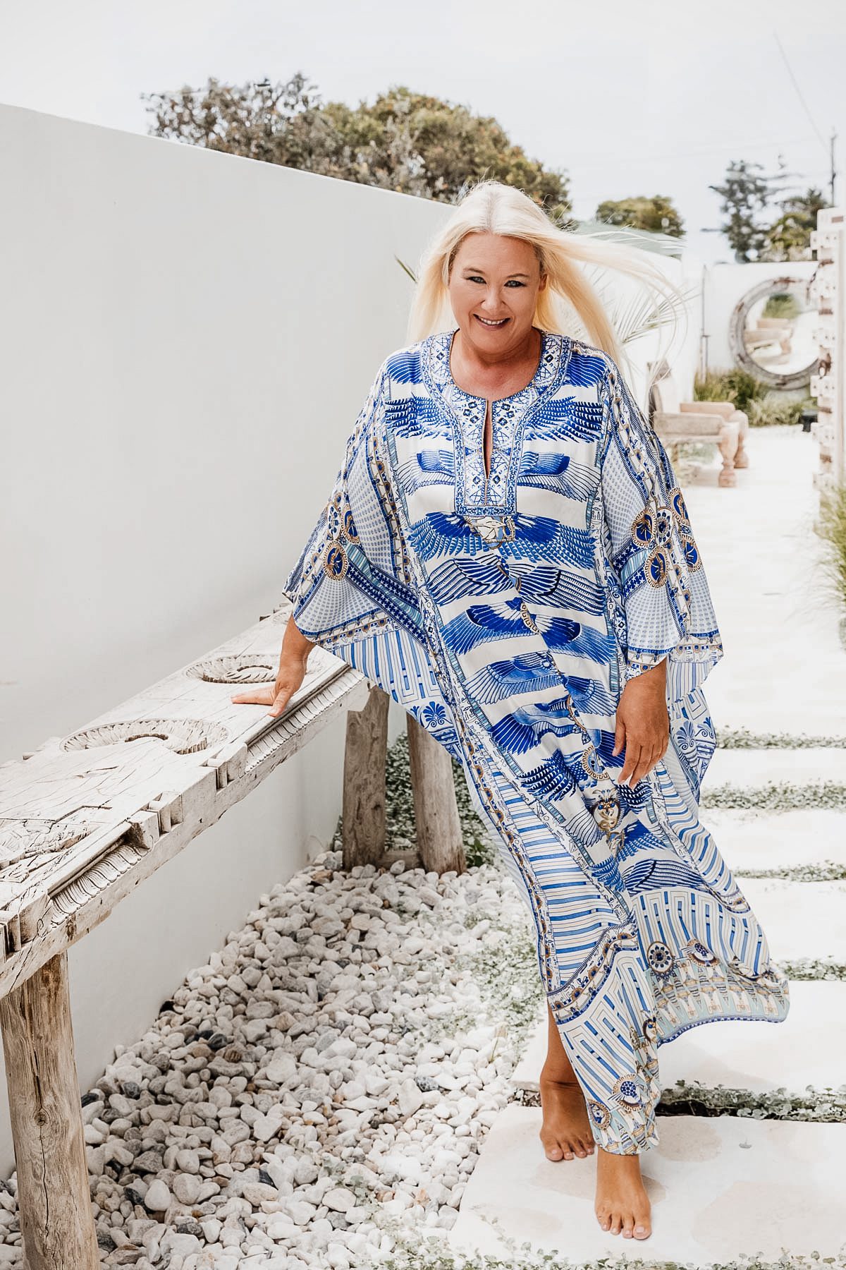Zoë Watson in blue kaftan